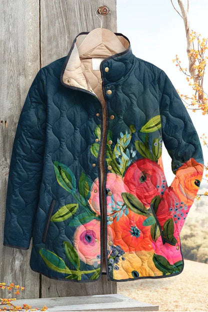 Flora | Dunkelblaue gesteppte Jacke mit Blumenmotiv