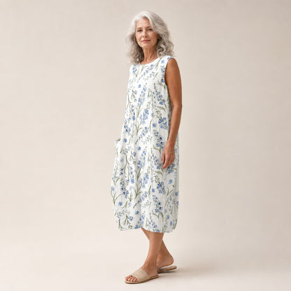 Erna | Ärmelloses Sommerkleid mit blauen Wiesenblumen