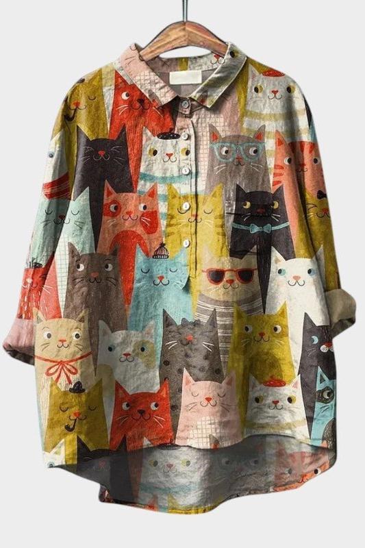 Freia | Bluse mit buntem Katzenmuster