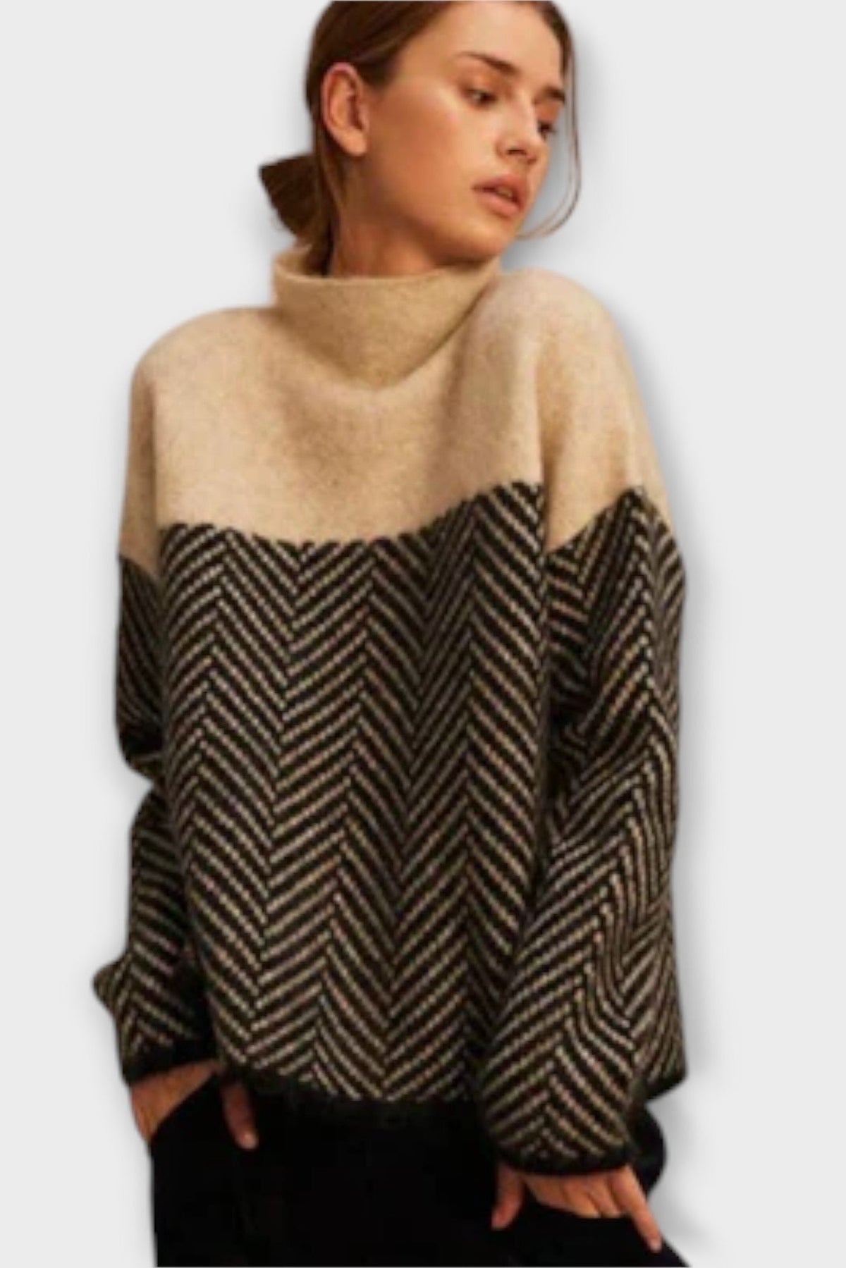 Freya | Camel-Pullover mit Fischgrätmuster