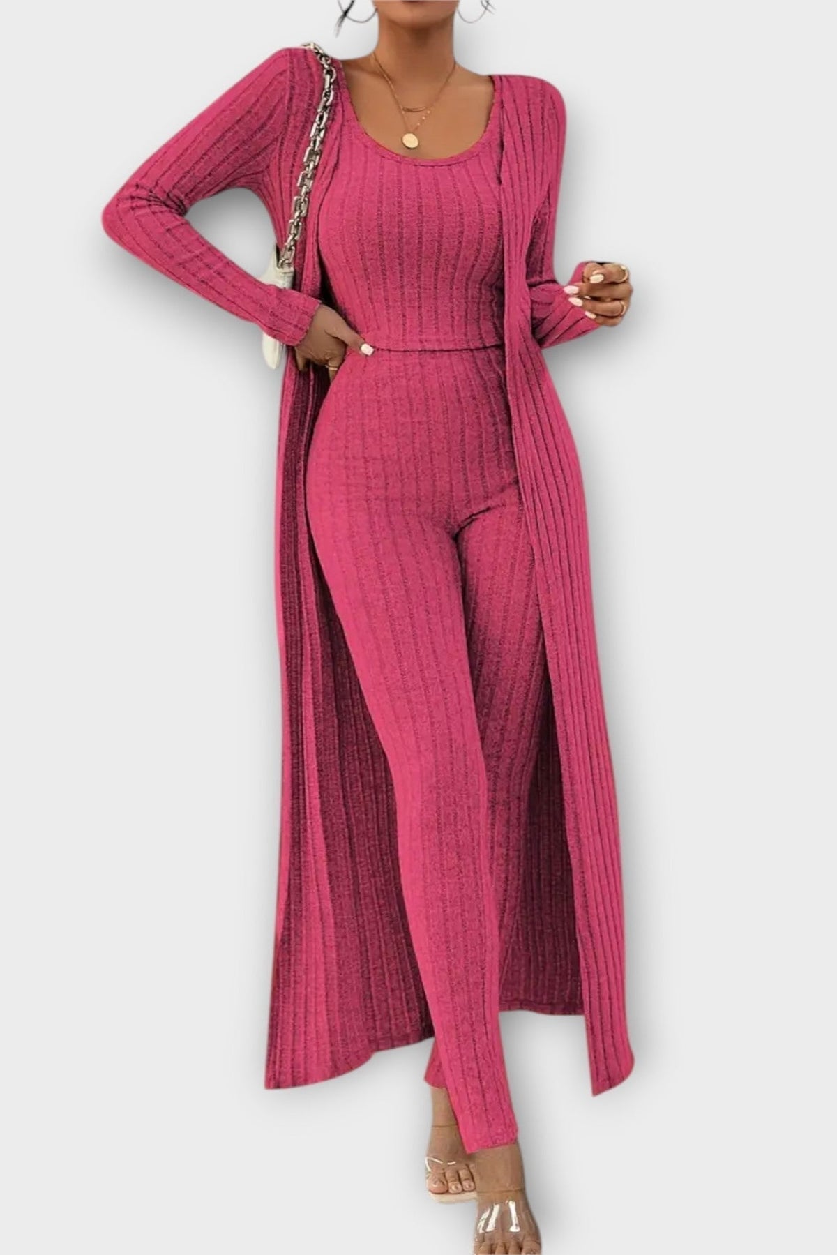 Freda | Gerippter Jumpsuit mit langer Strickjacke