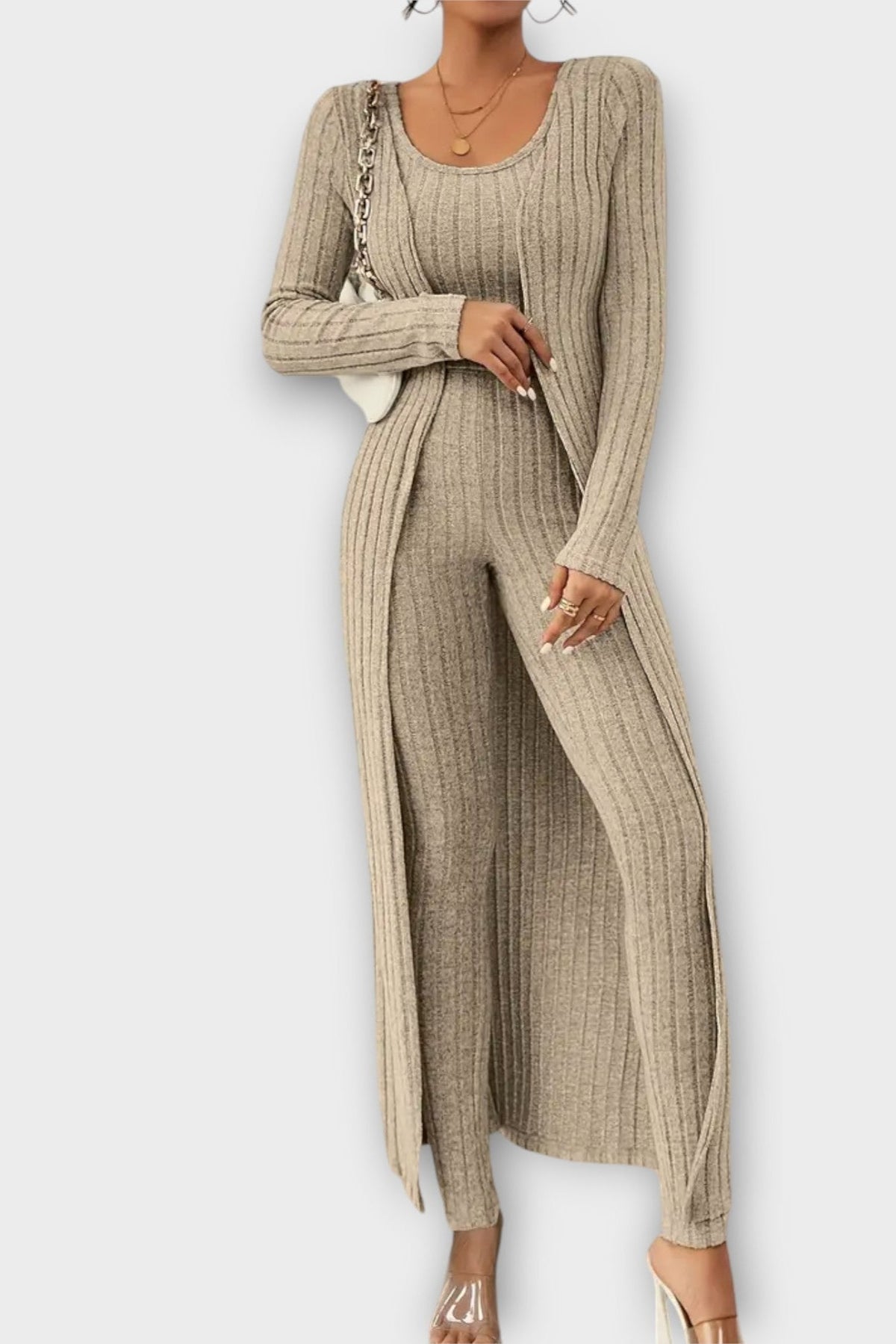 Freda | Gerippter Jumpsuit mit langer Strickjacke