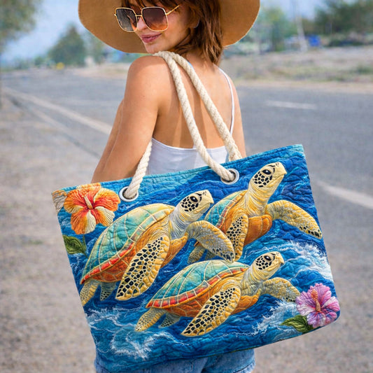 Ortrud | Gesteppte Strandtasche mit Motiv Schildkröten und Hibiskus