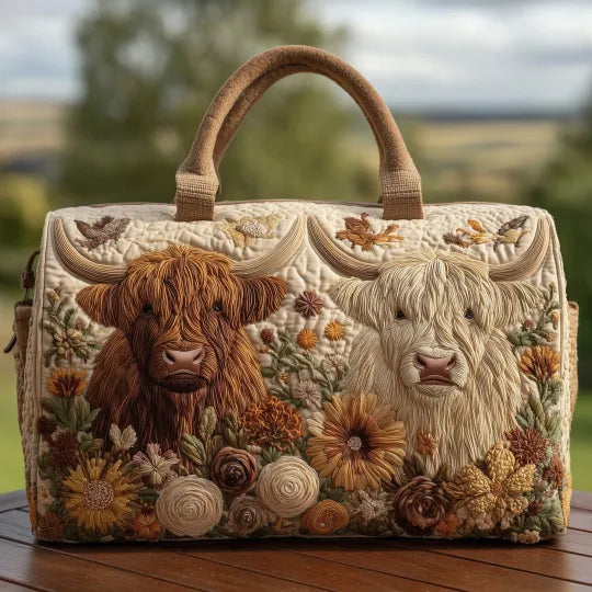 Tilla | Gesteppte Reisetasche mit Motiv Zwei Hochlandrinder