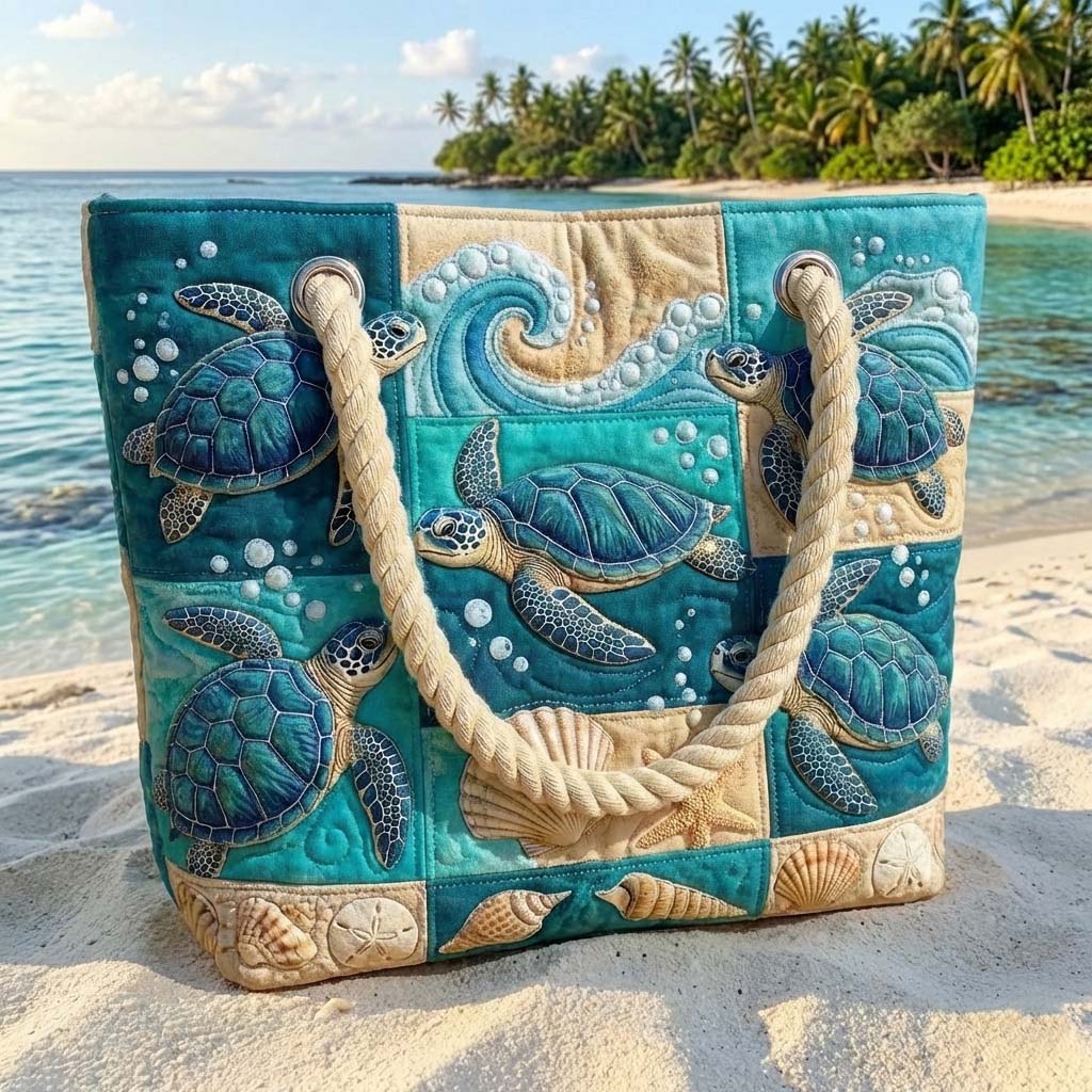 Rosa | Gesteppte Strandtasche mit Motiv Patchwork mit Schildkröten und Muscheln