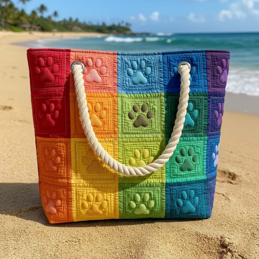 Sandra | Gesteppte Strandtasche mit Motiv Pfotenabdrücke in Regenbogenfarben