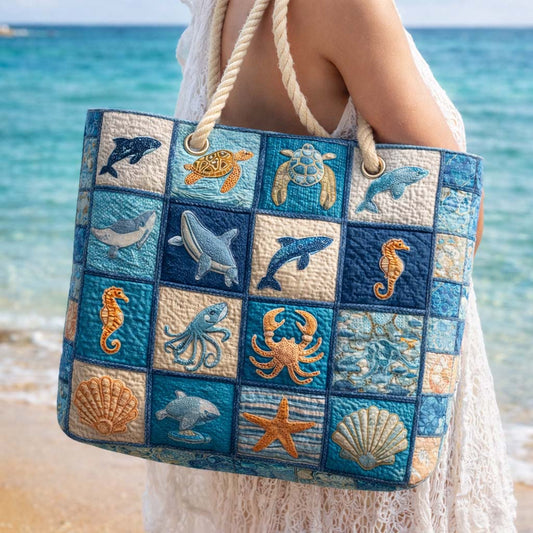 Rotraut | Gesteppte Strandtasche mit Motiv Patchwork mit Meerestieren