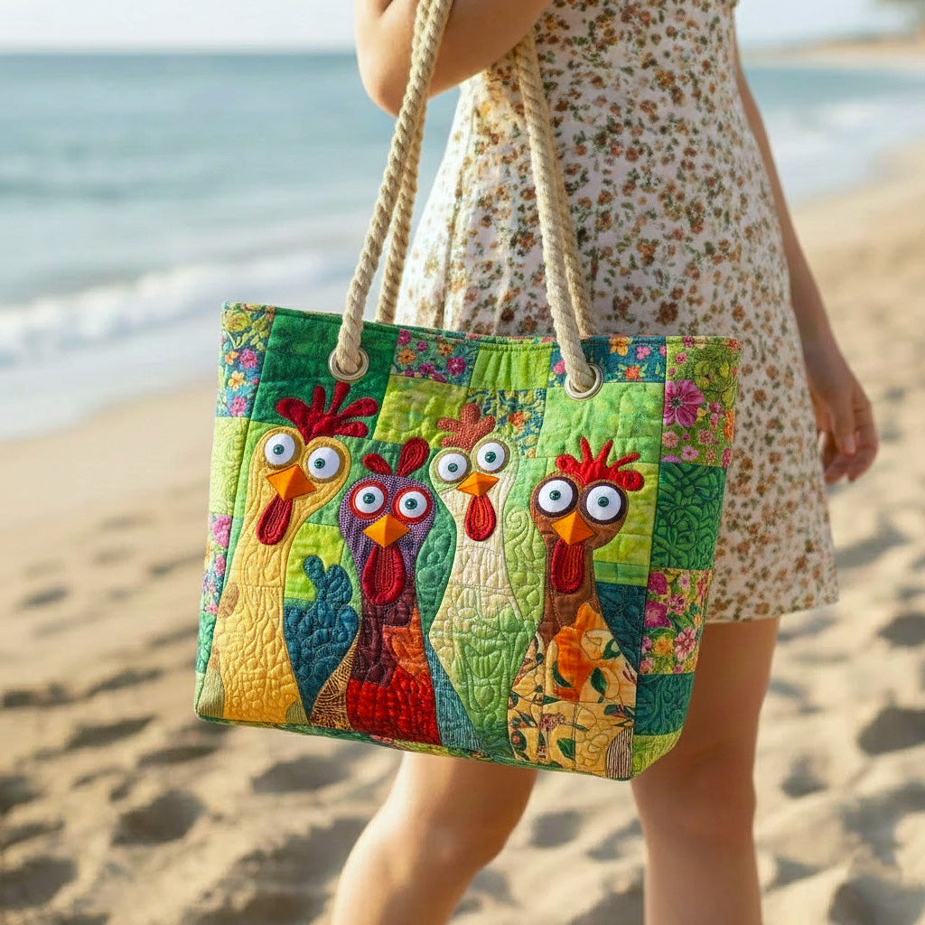 Rosel | Gesteppte Strandtasche mit Motiv Bunte Hähne