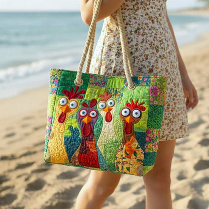Rosel | Gesteppte Strandtasche mit Motiv Bunte Hähne