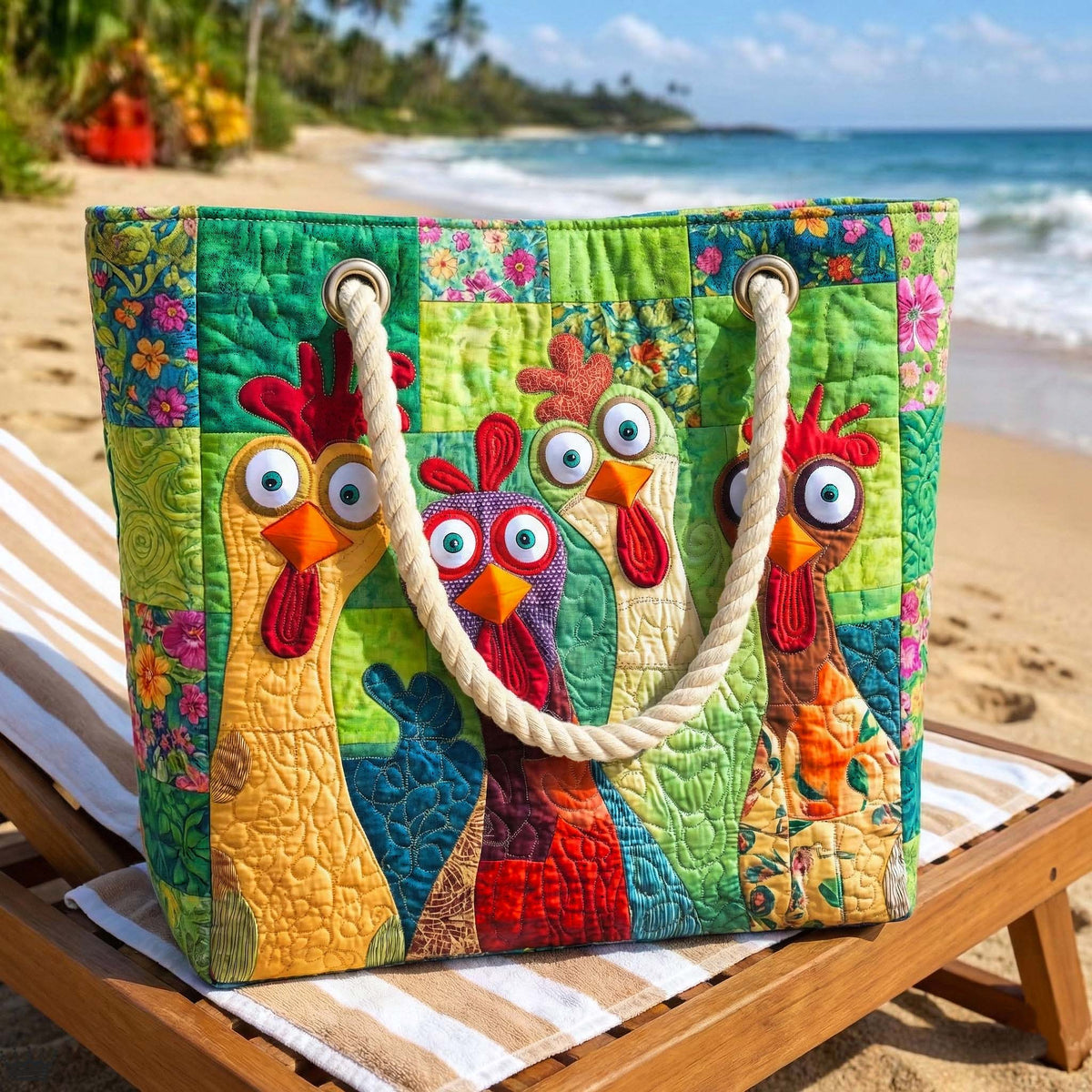 Rosel | Gesteppte Strandtasche mit Motiv Bunte Hähne