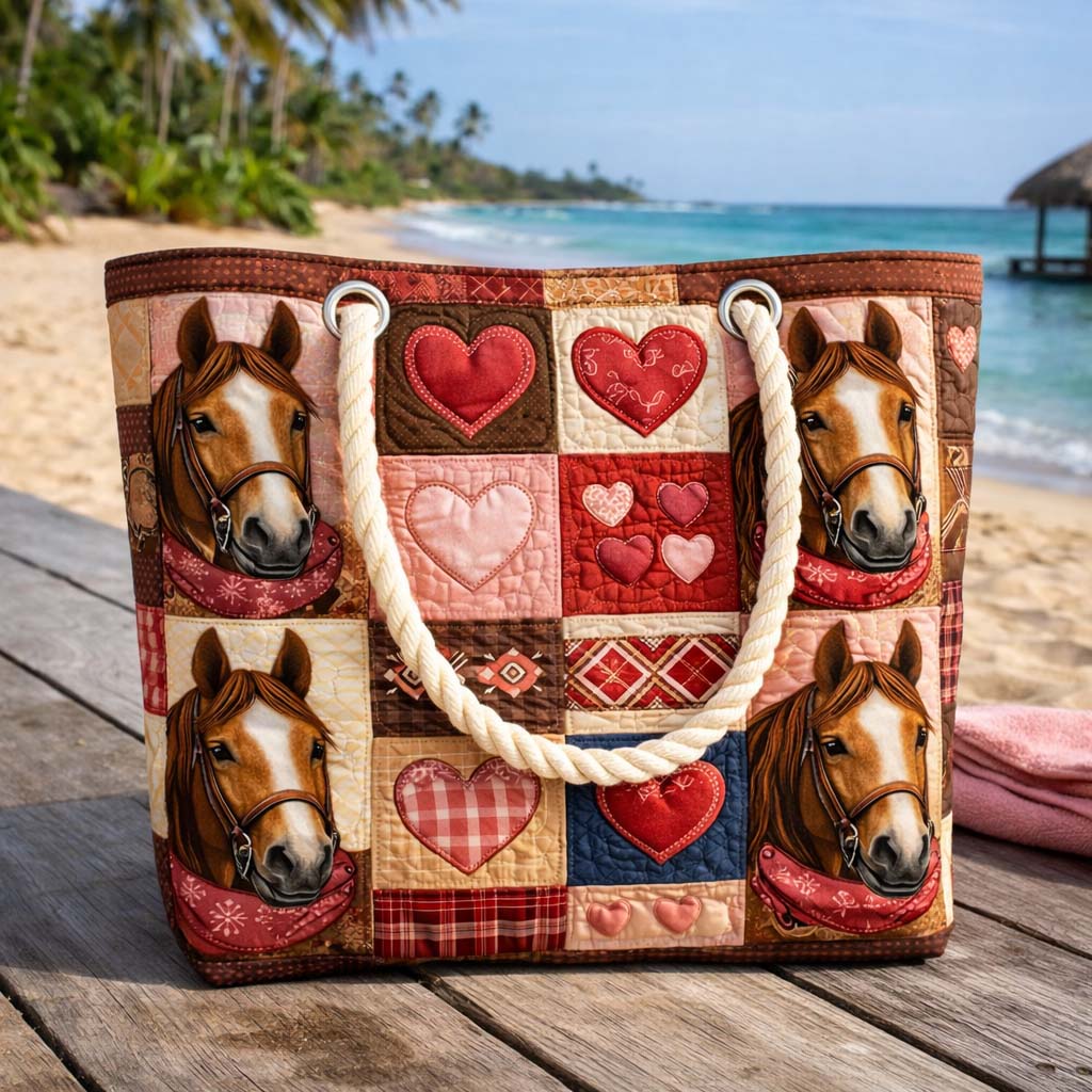 Rebekka | Gesteppte Strandtasche mit Motiv Pferde und Herzen