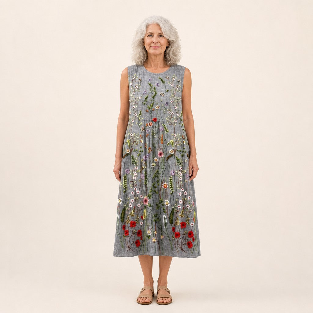 Hannelore | Ärmelloses Sommerkleid mit Blumenstickerei-Optik