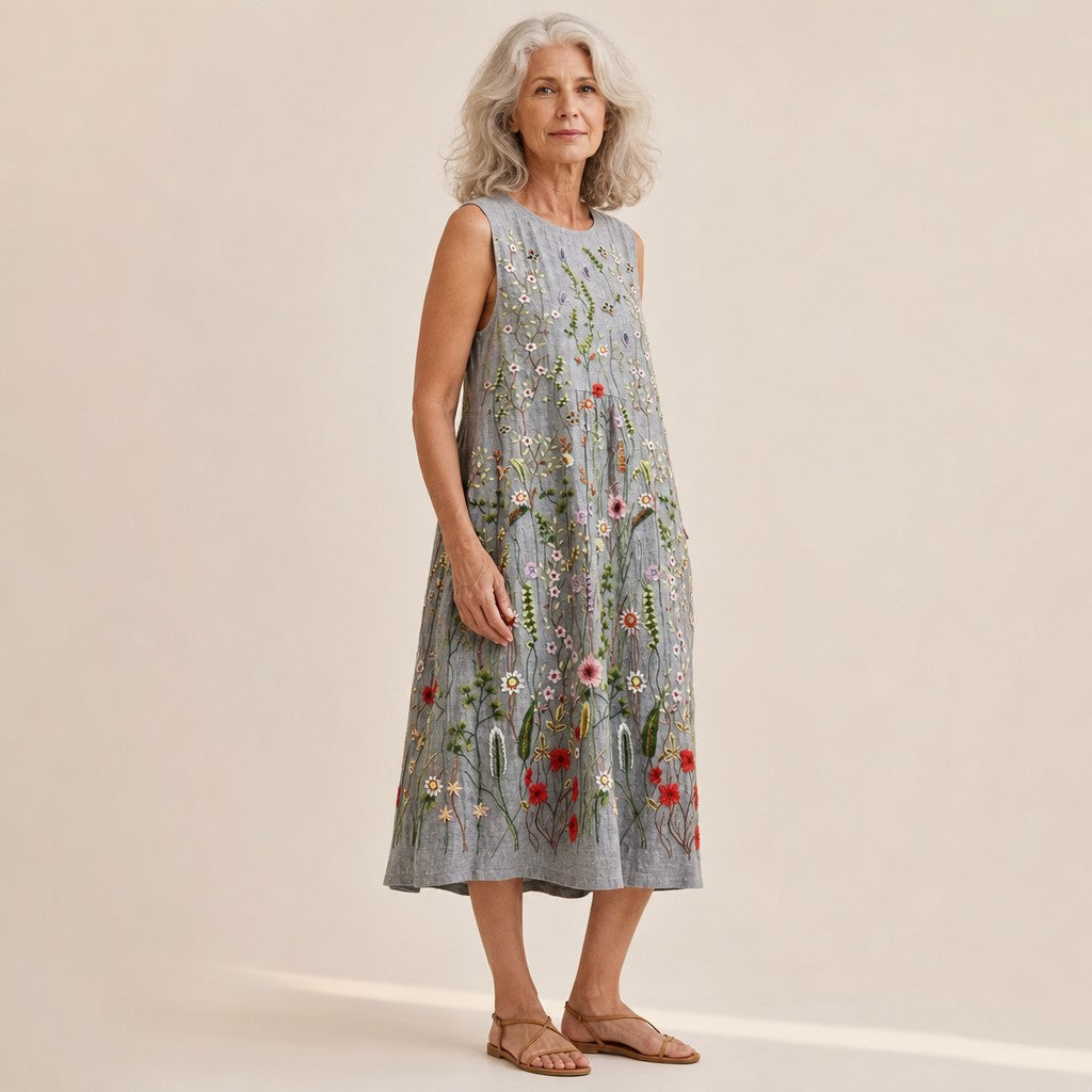 Hannelore | Ärmelloses Sommerkleid mit Blumenstickerei-Optik