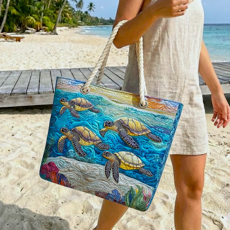 Silvia | Gesteppte Strandtasche mit Motiv Schildkröten und Korallen