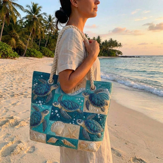 Rosa | Gesteppte Strandtasche mit Motiv Patchwork mit Schildkröten und Muscheln
