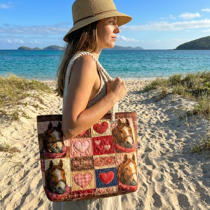 Rebekka | Gesteppte Strandtasche mit Motiv Pferde und Herzen