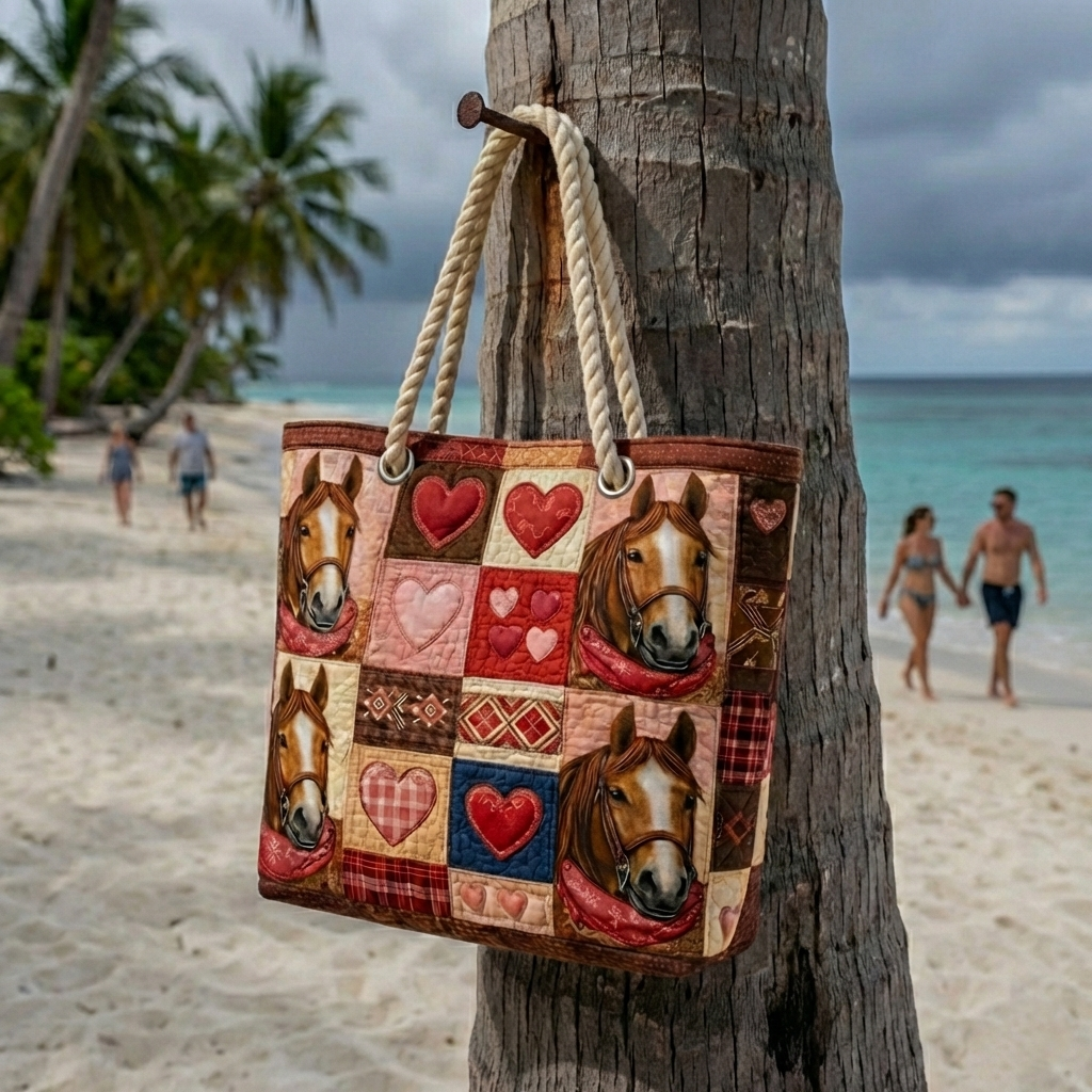 Rebekka | Gesteppte Strandtasche mit Motiv Pferde und Herzen