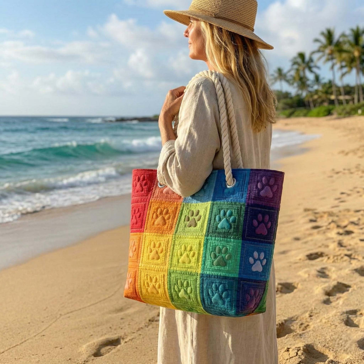 Sandra | Gesteppte Strandtasche mit Motiv Pfotenabdrücke in Regenbogenfarben