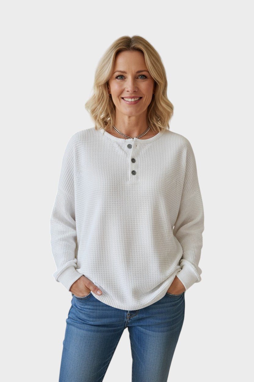 Heather | Oranger Waffelstrickpullover mit Knopfleiste