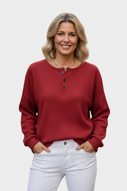 Heather | Oranger Waffelstrickpullover mit Knopfleiste