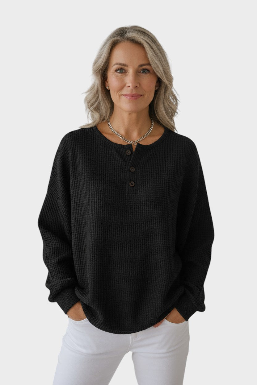 Heather | Oranger Waffelstrickpullover mit Knopfleiste