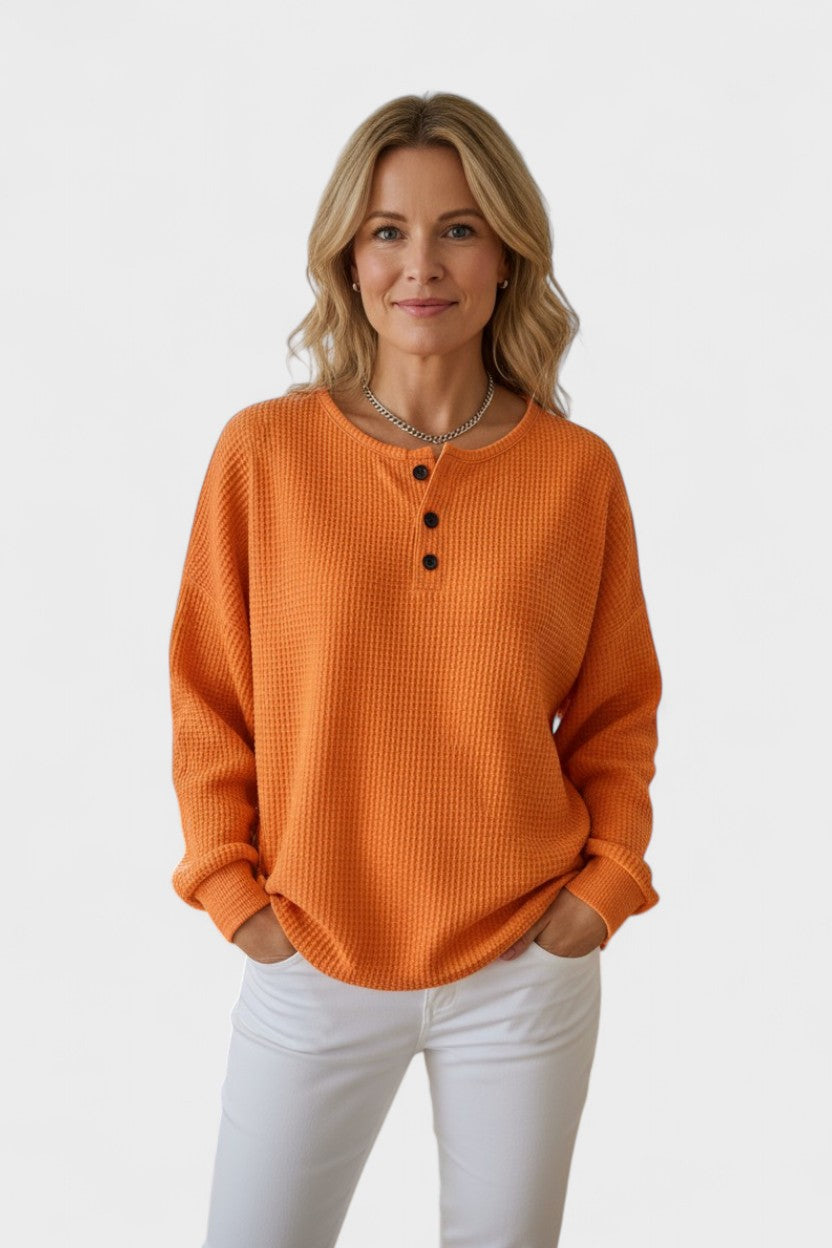 Heather | Oranger Waffelstrickpullover mit Knopfleiste