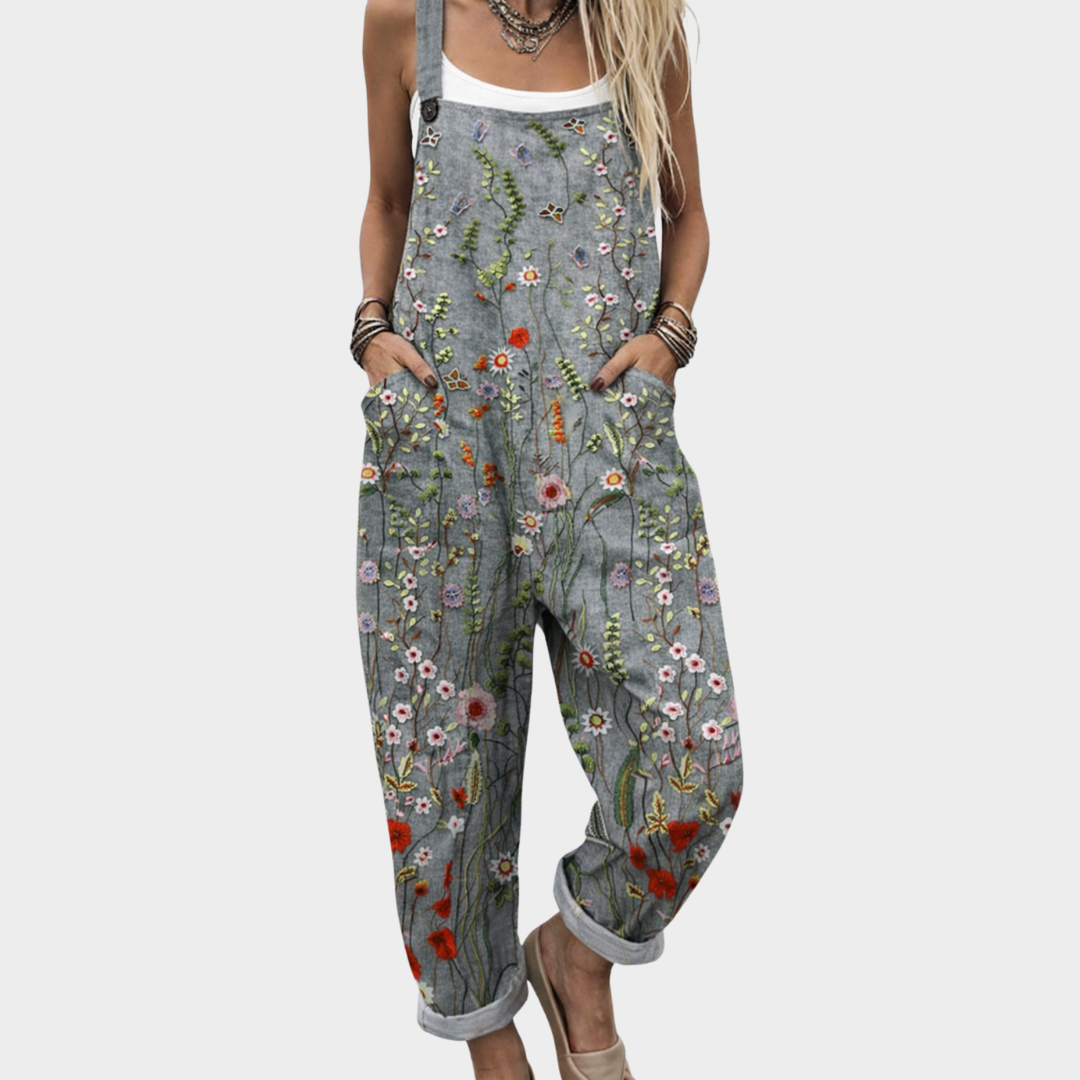 Cornelia | Latzhose in Graublau mit Wiesenblumen