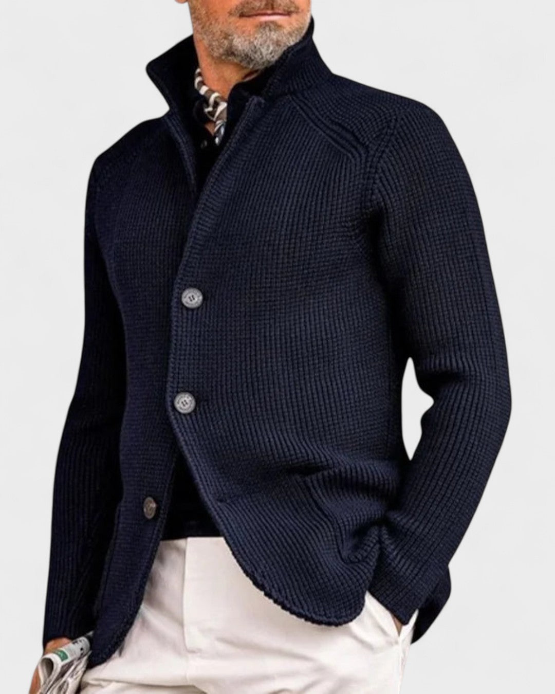 Helmut | Dunkelblaue gerippte Strickjacke mit Knöpfen