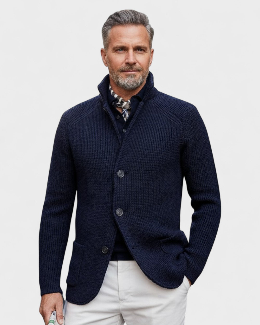 Helmut | Dunkelblaue gerippte Strickjacke mit Knöpfen