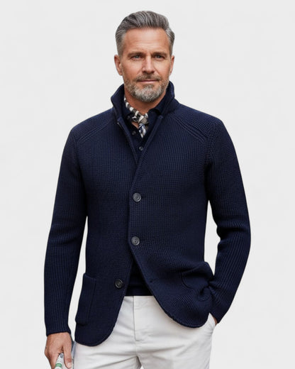 Helmut | Dunkelblaue gerippte Strickjacke mit Knöpfen