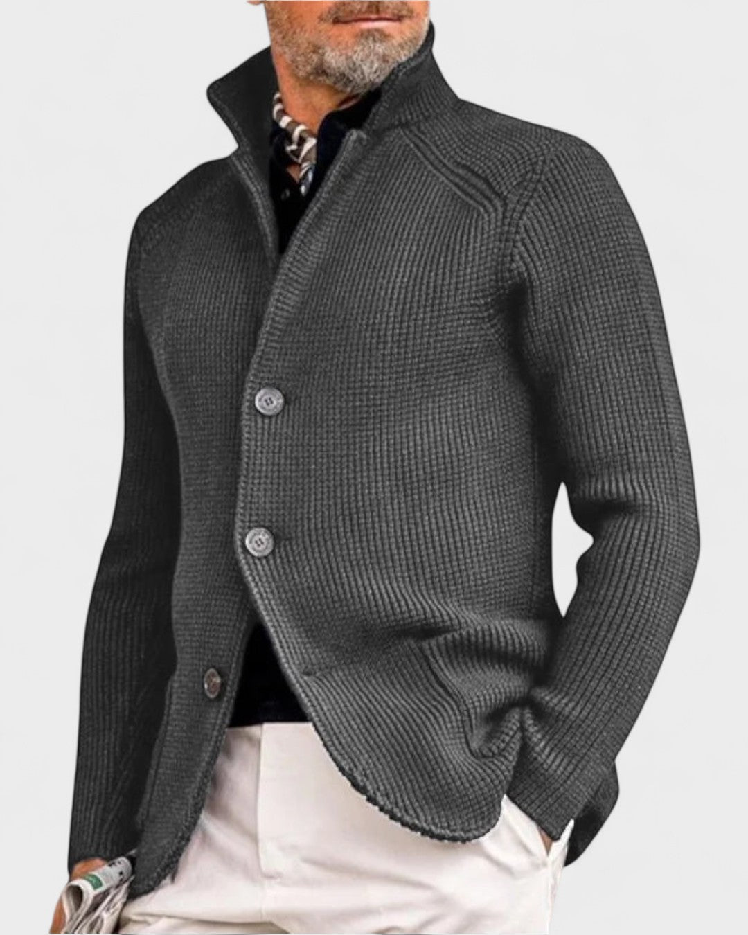 Helmut | Dunkelblaue gerippte Strickjacke mit Knöpfen