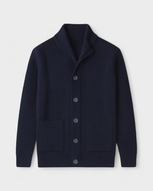 Helmut | Dunkelblaue gerippte Strickjacke mit Knöpfen