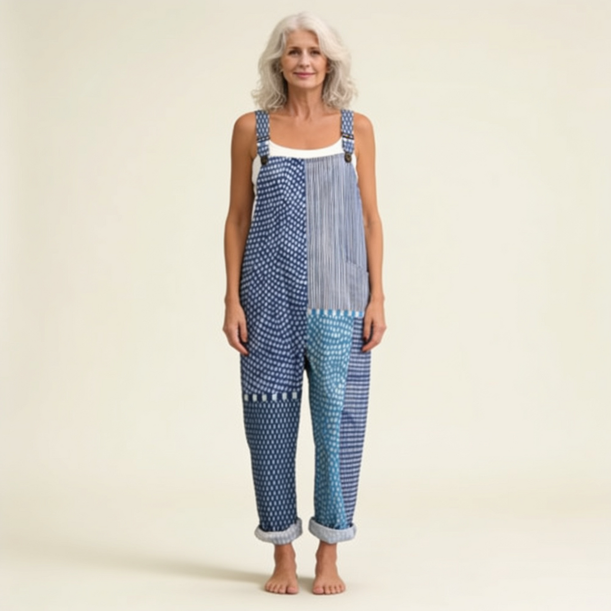Anja | Latzhose mit Patchwork in Indigoblau