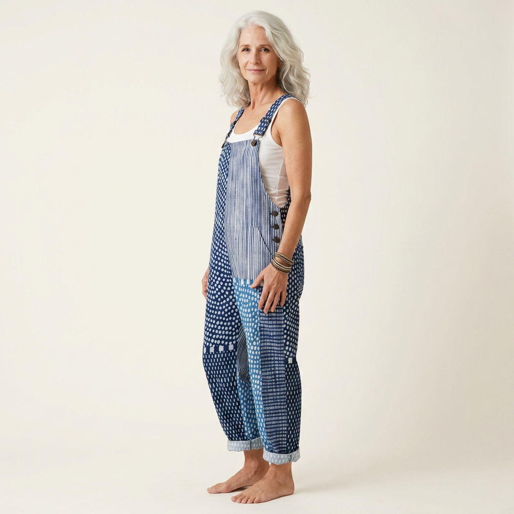 Anja | Latzhose mit Patchwork in Indigoblau