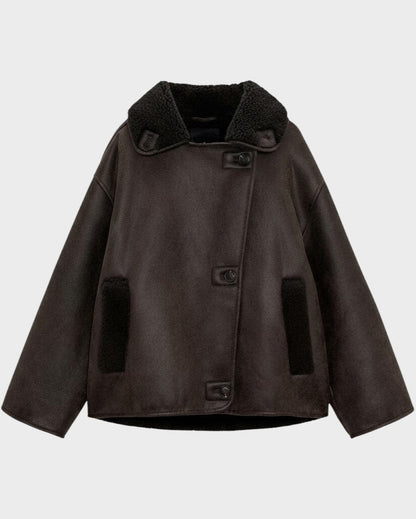 Isabelle | Braune Aviatorjacke in Lammfelloptik
