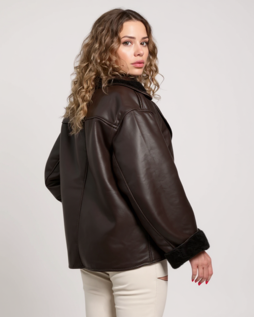 Isabelle | Braune Aviatorjacke in Lammfelloptik