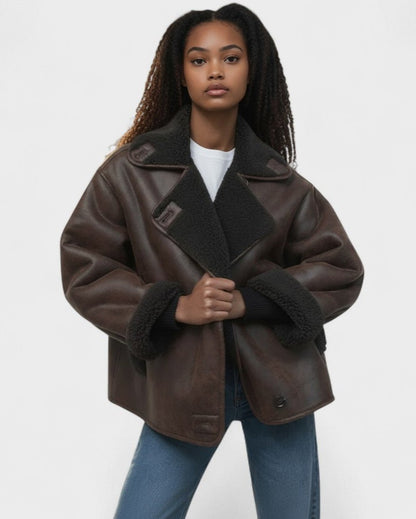 Isabelle | Braune Aviatorjacke in Lammfelloptik