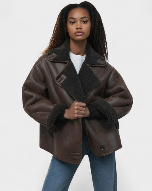 Isabelle | Braune Aviatorjacke in Lammfelloptik
