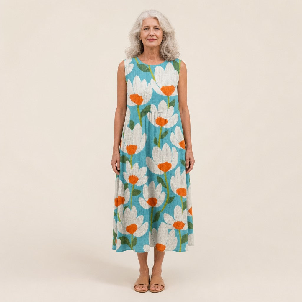 Ingeborg | Ärmelloses Sommerkleid mit Mohn auf Türkis