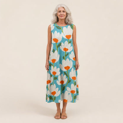 Ingeborg | Ärmelloses Sommerkleid mit Mohn auf Türkis