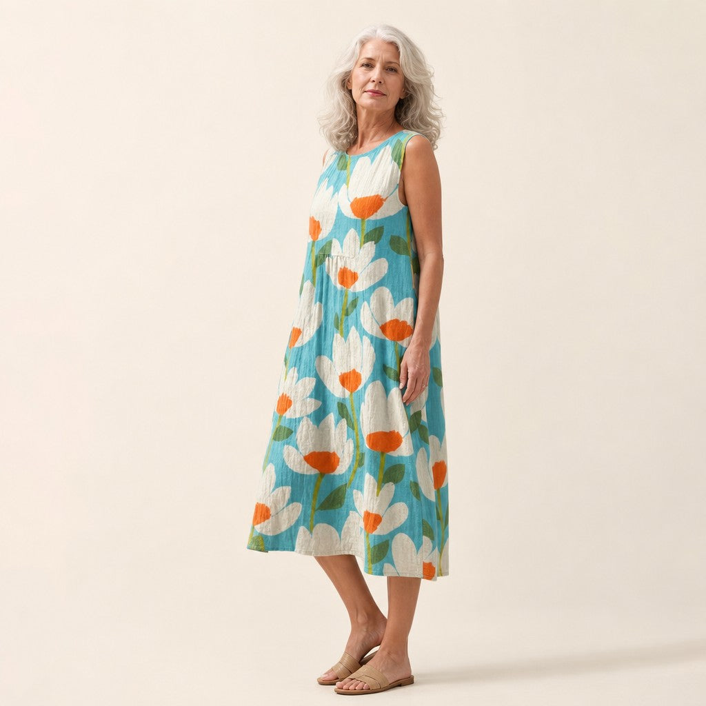 Ingeborg | Ärmelloses Sommerkleid mit Mohn auf Türkis