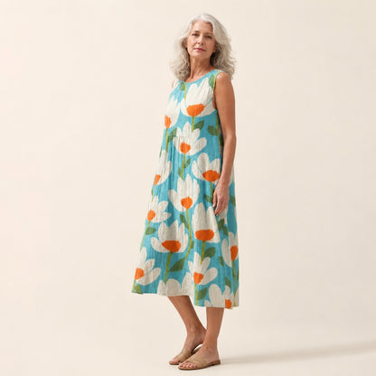 Ingeborg | Ärmelloses Sommerkleid mit Mohn auf Türkis