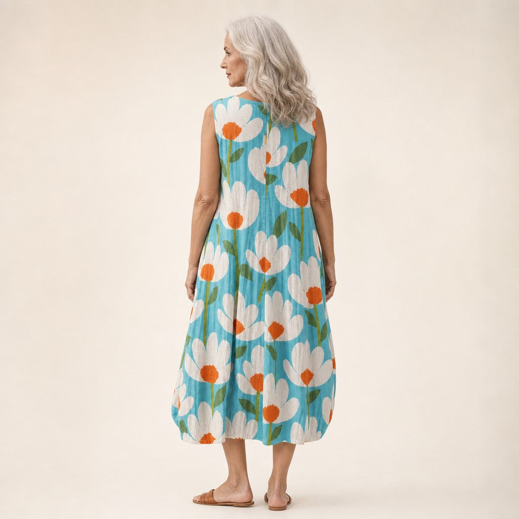 Ingeborg | Ärmelloses Sommerkleid mit Mohn auf Türkis