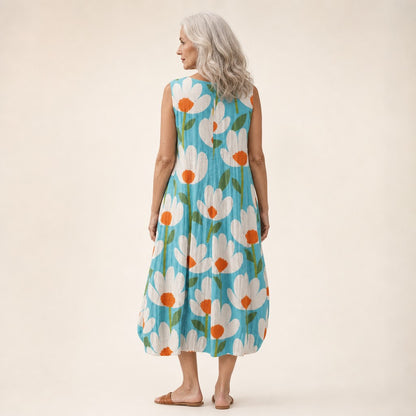 Ingeborg | Ärmelloses Sommerkleid mit Mohn auf Türkis