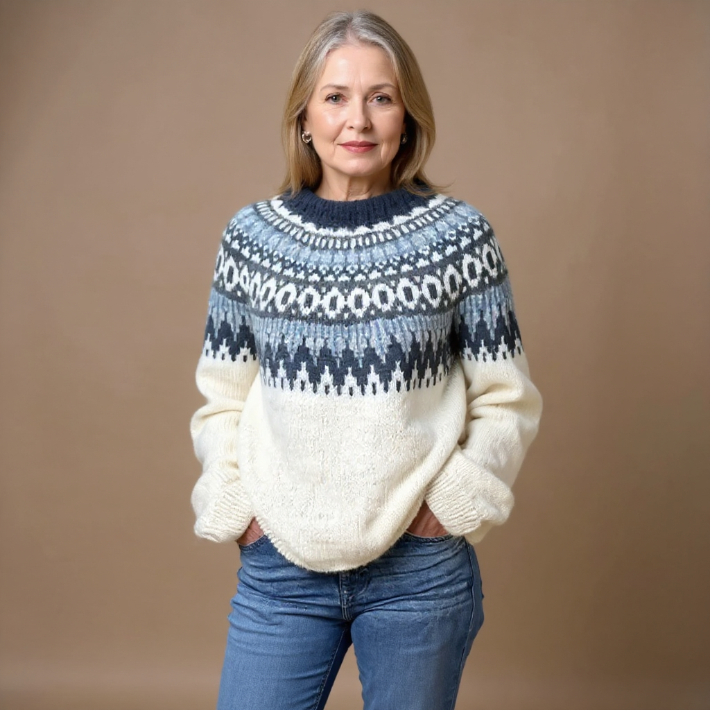 Josefine | Strickpullover mit Fair-Isle-Muster in Creme und Marineblau