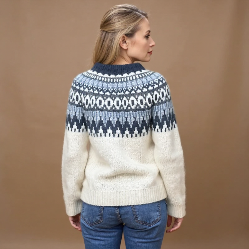 Josefine | Strickpullover mit Fair-Isle-Muster in Creme und Marineblau
