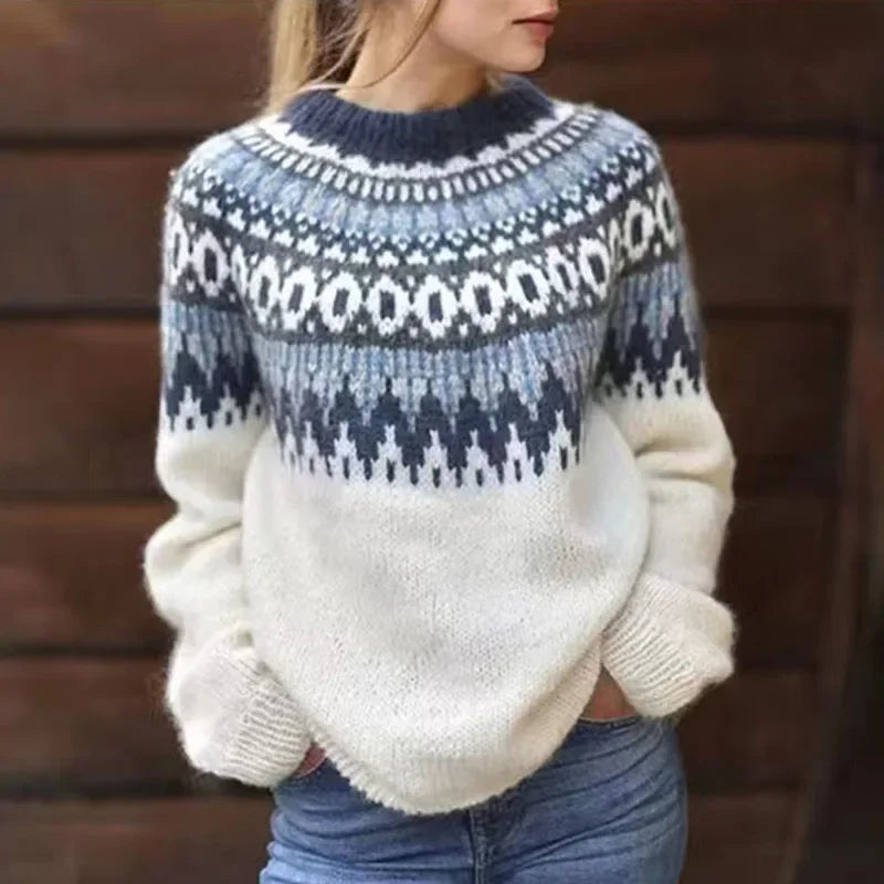 Josefine | Strickpullover mit Fair-Isle-Muster in Creme und Marineblau