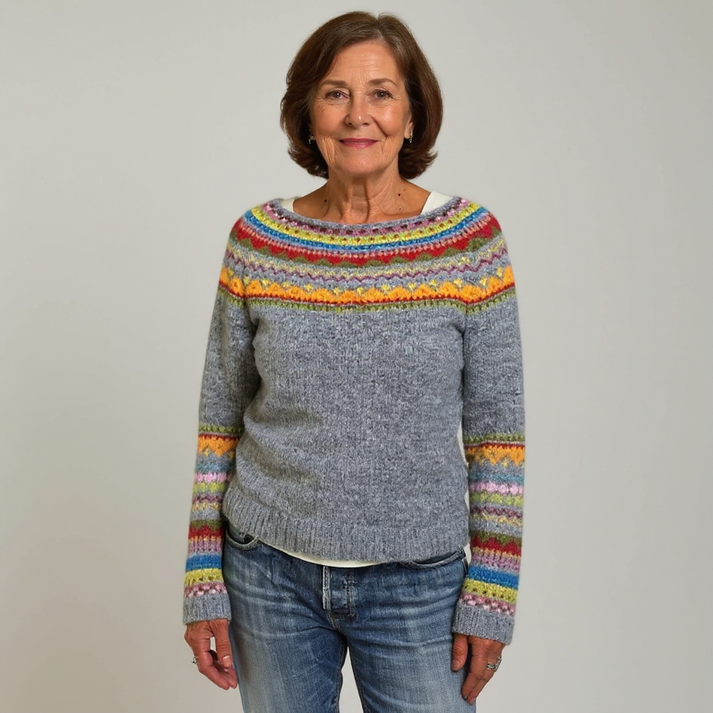 Jana | Strickpullover mit Fair-Isle-Muster in Grau und Regenbogenfarben