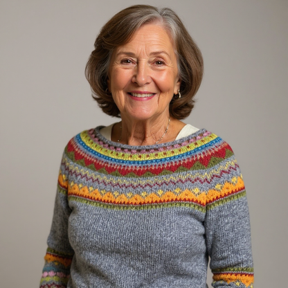 Jana | Strickpullover mit Fair-Isle-Muster in Grau und Regenbogenfarben