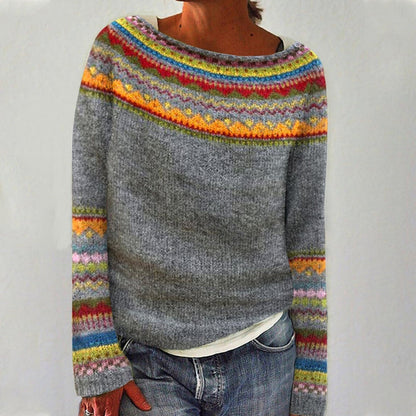 Jana | Strickpullover mit Fair-Isle-Muster in Grau und Regenbogenfarben